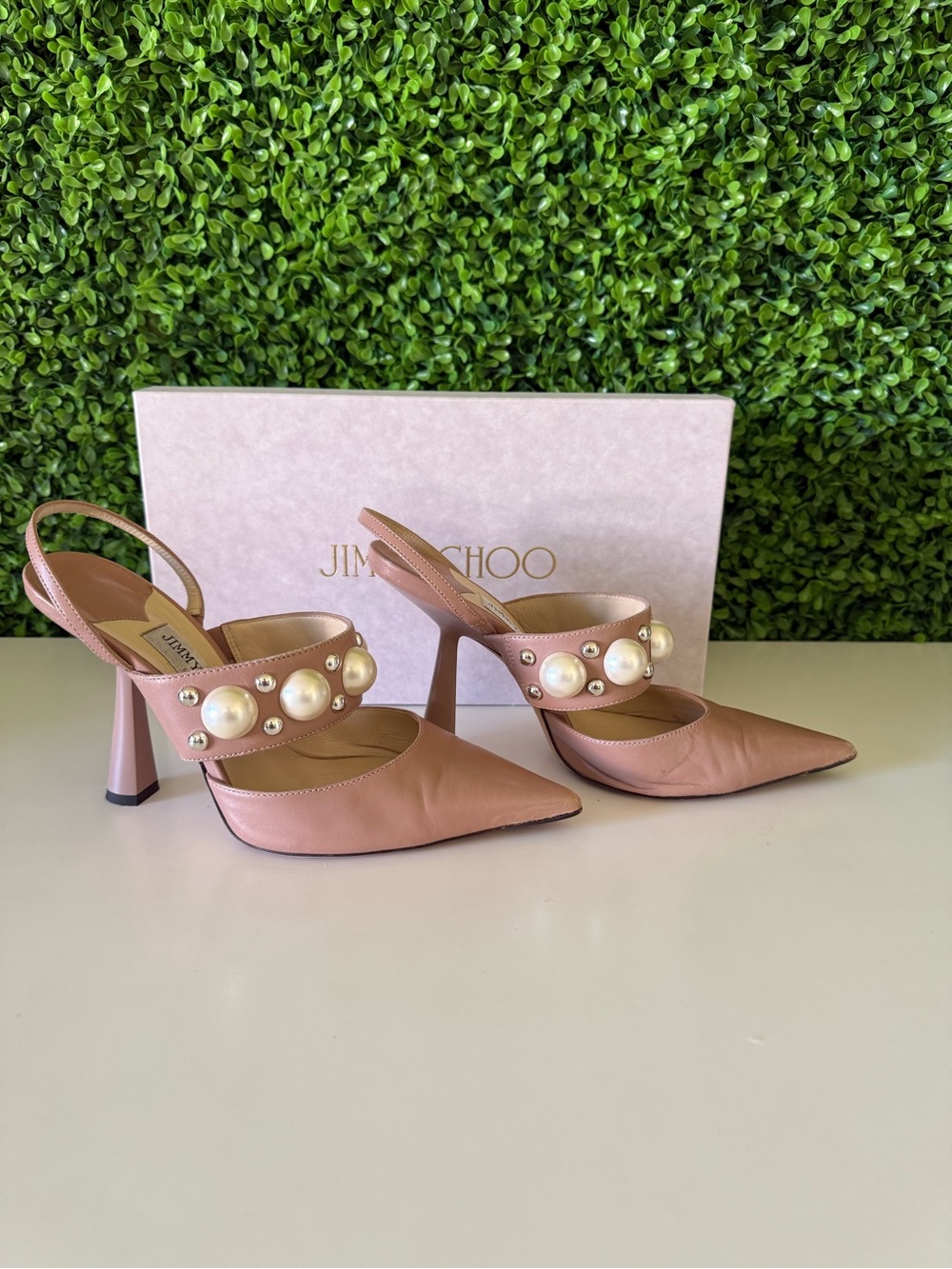 Jimmy Choo Blush Pink Pearl-Embellished Slingback Pumps